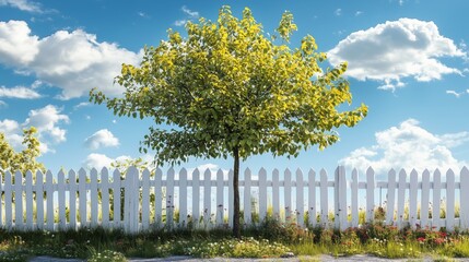Wall Mural - a serene scene: a lush tree by a white picket fence, wildflowers, and sunlight create a peaceful vib