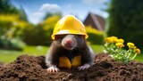 Fototapeta Kwiaty - Cute mole with yellow hard hat and working suit in a sunny garden surrounding