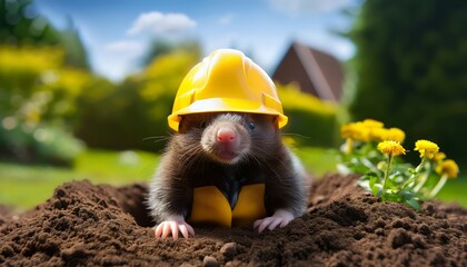 Cute mole with yellow hard hat and working suit in a sunny garden surrounding