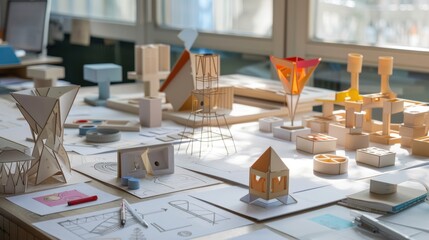 Poster - A creative workspace with sketches and models of impossible structures, symbolizing imaginative thinking