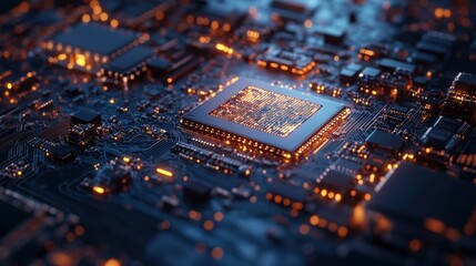 Poster - A futuristic circuit board features a central quantum processor surrounded by intricate pathways and glowing components in a dim environment