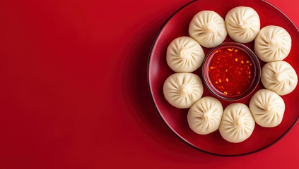 Steamed pork bao dumplings served on a red plate, isolated against a red background. Chinese new year concept