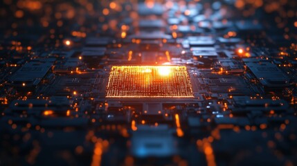 Poster - A futuristic quantum processor emits a vibrant glow amidst a complex network of circuits in a high-tech setting, enhancing the ambiance of innovation and technology