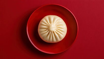 Steamed pork bao dumplings served on a red plate, isolated against a red background. Chinese new year concept