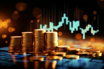 Stack of gold coins with trading graph, Financial Background, Golden Finance Image, Golden coin collection, AI Generative