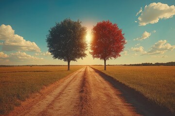 Wall Mural - Two Trees Flanking a Country Road at Sunset