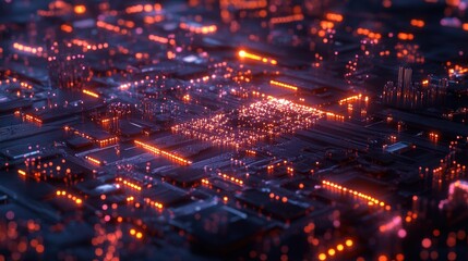 Poster - Glowing circuits form a complex network, showcasing the intricate design of a futuristic quantum computing environment under ambient light