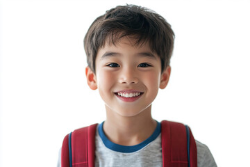 Asian teenage student carrying school bag on white background, student happy back to school