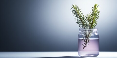 Poster - Minimalist Christmas Product Featuring a Small Pine Branch in a Water-Filled Glass Jar on White Background, Side View