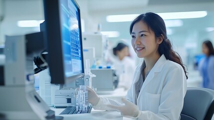 A smiling scientist working in a modern laboratory, analyzing data on a computer while handling laboratory equipment.