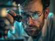 © AlexCaelus - Scientist in a lab coat looking through a microscope with intense focus, highlighting the scientific research and discovery process.