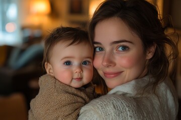 Wall Mural - Young mother holding her baby close, both of them smiling with affection