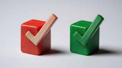 Two wooden blocks, one red and one green, each with a matching checkmark on top, positioned on a plain background.