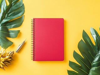 Poster - Back-to-School Mockup with Vibrant Red Notebook on Wooden Table Against Yellow Background and Smooth Stucco Surface, Morning Light, Tranquil Mood, Ready for Branding