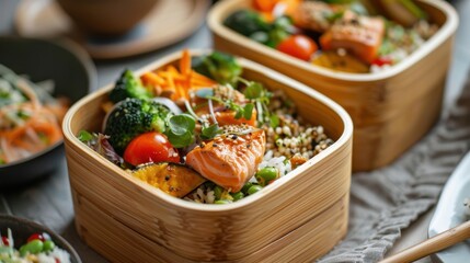 A set of eco-friendly bamboo lunch boxes filled with a healthy meal, ready to go