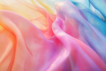 Poster - Aerial view of vibrant iridescent fabrics in a symmetrical geometric pattern, highlighting intricate textures and natural lighting