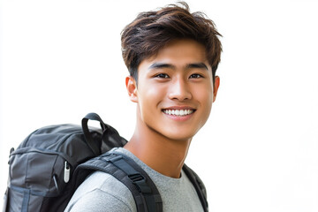 Asian teenage student carrying school bag on white background, student happy back to school