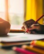 © Ryzhkov - Light-Skinned Teen Student Studying Diligently at Desk in Bright Room with School Supplies and Textbooks