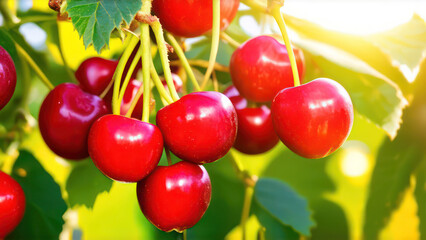 closeup of red fresh cherries for harvest with sunlight 