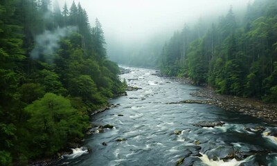 Poster - Serene Forest River with Raindrops Creating Ripples Amid Light Rainfall