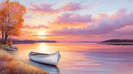 Sticker - A painting of a boat on the water at sunset, AI