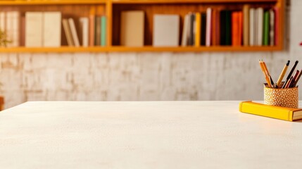 Poster - Tranquil Morning Study Scene Empty White Stucco Table in Peaceful Library with Soft Natural Light and Study Accessories
