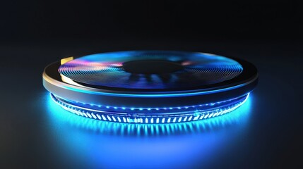 Poster - A cutting-edge metamaterial device emits blue light, showcasing its unique surface patterns and advanced technology in a dimly lit environment
