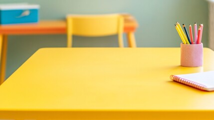 Poster - Serenity in the Classroom Tranquil Yellow Stucco Table with Notebooks and Pencil Holder in a Peaceful School Setting