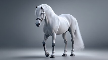 A majestic white horse stands gracefully, showcasing its strong build and flowing mane in a minimalist setting.