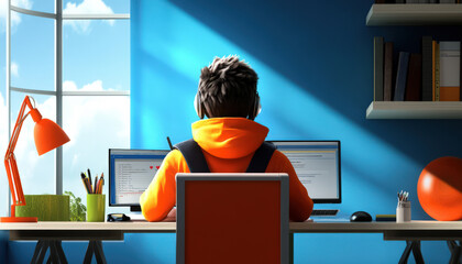 A person working at a desk with dual monitors in a bright, stylish office environment, wearing headphones and focused.