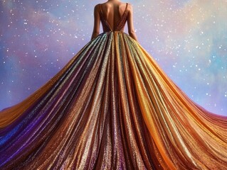 Aufkleber - Abstract Fashion of Female Adult in Iridescent Ball Gown Against Blue Sky Background at Daytime with Vibrant Tones and Symmetrical Composition