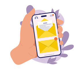 Poster - sending messages at phone. notification on smartphone screen. envelope with letter. communication vi
