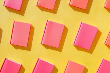 Poster - Vibrant Red Notebooks on Yellow Background - Crisp Sunny Day, Color Contrast and Depth, Repetitive Patterns