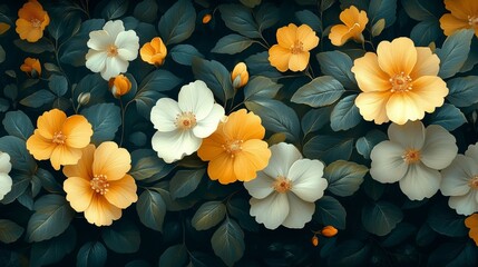 Poster - Yellow and white flowers blooming on dark green background