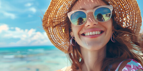 Beautiful woman with sunglasses, hat and a beautiful smile