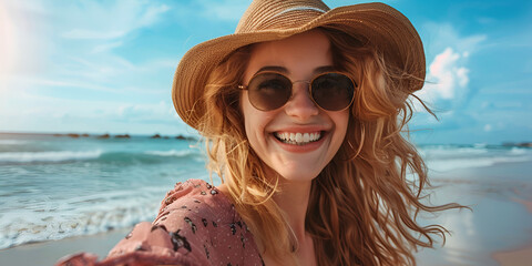 Beautiful woman with sunglasses, hat and a beautiful smile