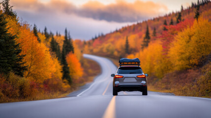 Canvas Print - A car driving down a road with trees in the background, AI