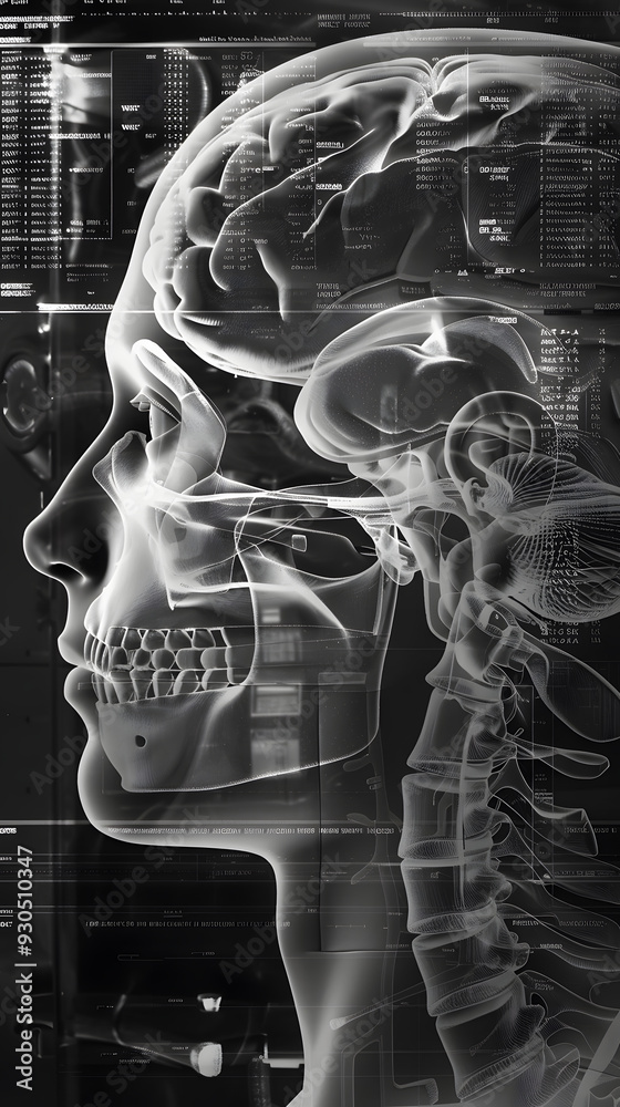X-ray image showing detailed view of human skull, brain, and neck ...