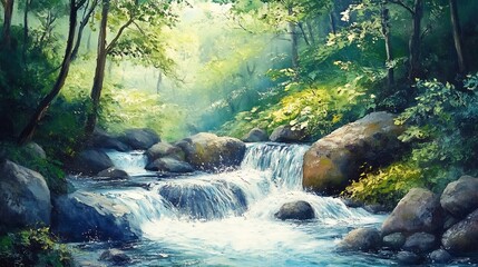 Wall Mural - Waterfall in a Lush Forest