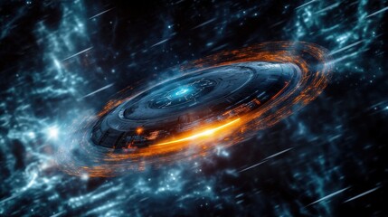Poster - A starship navigates through vibrant cosmic energy, illuminated by swirling blue and orange lights, illustrating advanced technology in outer space
