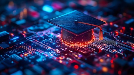 Wall Mural - Graduation Cap on a Circuit Board with Neon Lights