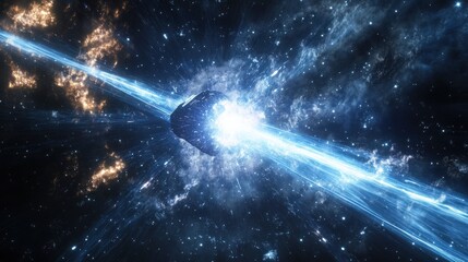 Poster - The spacecraft powers up using antimatter technology, gracefully traveling through the vast expanse of a star-studded cosmos