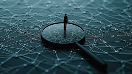 Poster - A magnifying glass highlights a person icon amidst a network of digital connections, illustrating concepts of data analysis and cybersecurity technologies