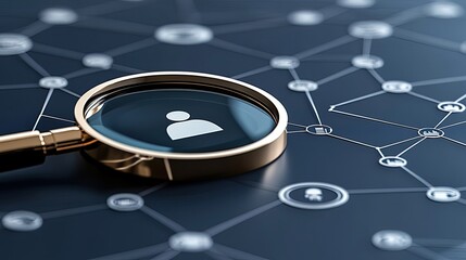 Poster - A magnifying glass highlights a person icon amidst a network of digital connections, illustrating concepts of data analysis and cybersecurity technologies