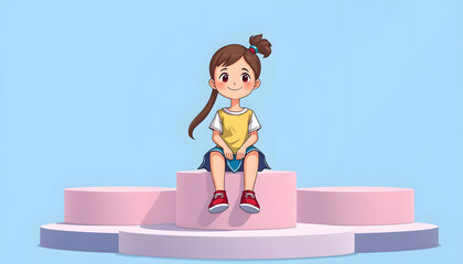 Full size high angle view photo of nice young girl sit podium wear top isolated on blue color background isolated with white highlights, png