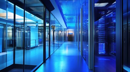 Canvas Print - Blue Lit Server Room Corridor