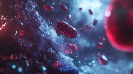 Poster - Nanobots move through a colorful, dynamic microscopic world filled with glowing particles and shapes, illustrating advanced technology in action
