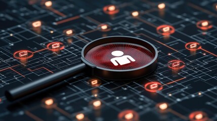Poster - A magnifying glass highlights a person icon amidst a network of digital connections, illustrating concepts of data analysis and cybersecurity technologies