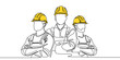 © Natvc - One line drawing of male building builder groups wearing helmet. Great team work concept. Trendy continuous line draw design graphic vector illustration