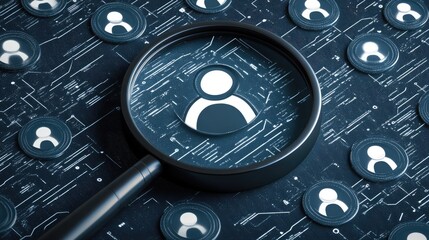 Poster - A magnifying glass highlights a person icon amidst a network of digital connections, illustrating concepts of data analysis and cybersecurity technologies